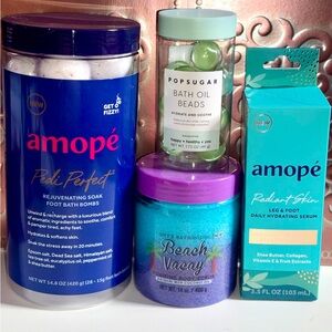 4 Pc Bath & Body Set: Amopé Pedi, Onyx Bathhouse Body Scrub, PopSugar Bath Beads